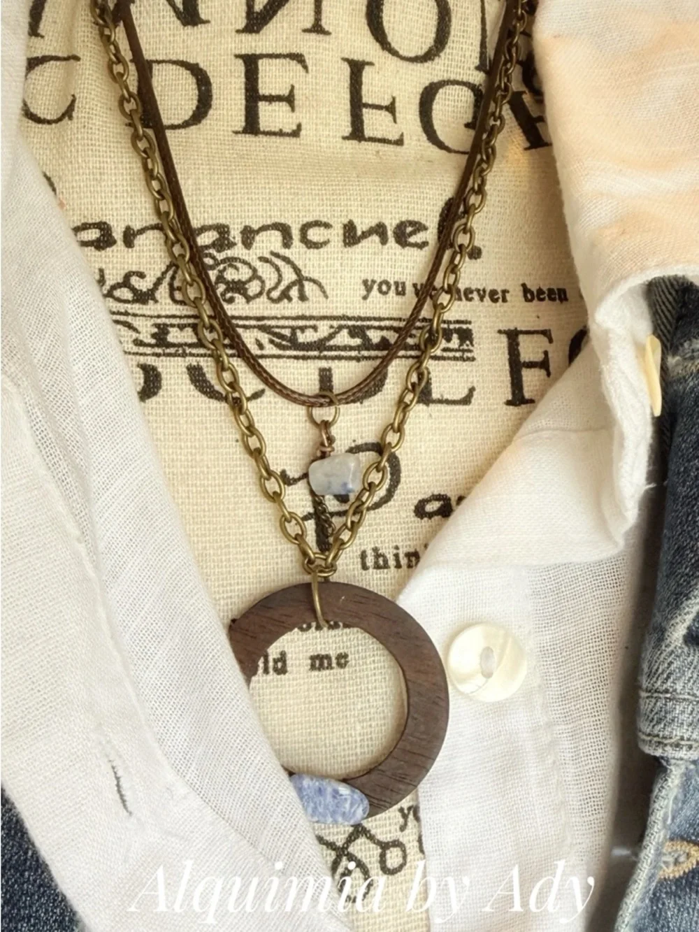 LAYERED LAPIS LAZULI Brown Wood Circle Necklace with Light Blue Stone